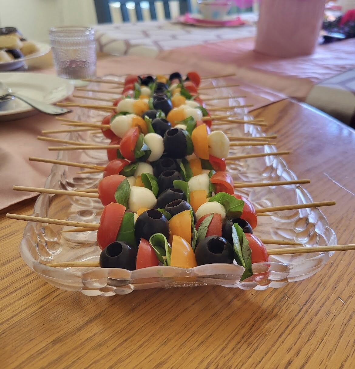 olive, tomato, and cheese skewers